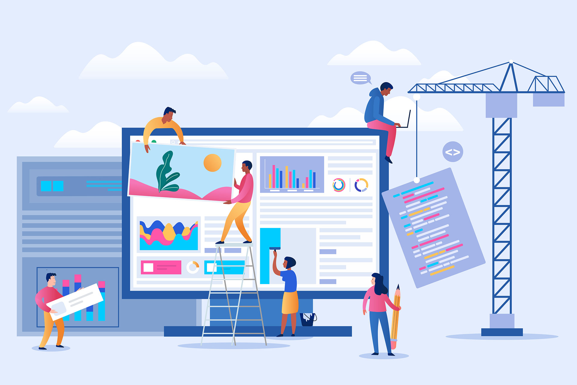 Illustration d’un site web en construction, représentant un écosystème numérique interconnecté Illustration d’un site web en construction, représentant un écosystème numérique interconnecté