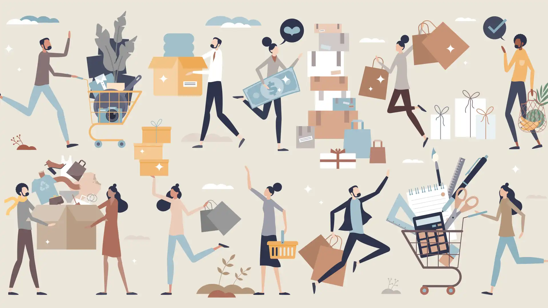 Achats collectifs pour les entreprises collectives Illustration d’achats collectifs réunissant des produits de détail et des symboles de consommation