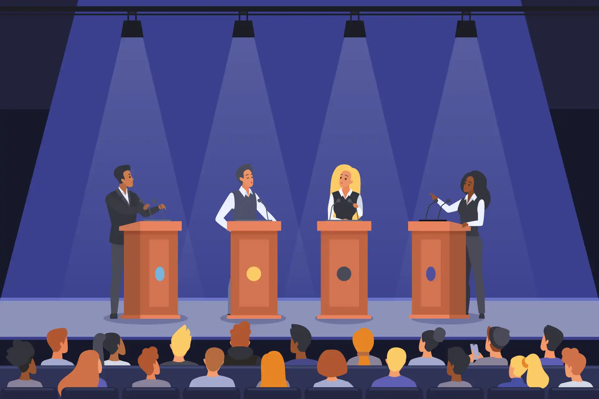 campagne-electorale-economie-sociale Débat politique sur une scène devant un public, illustrant la participation des entreprises d’économie sociale au débat électoral.